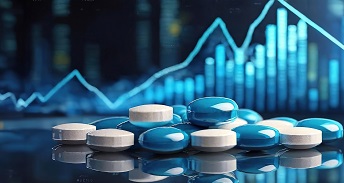 Blue and white pills with a stock market graph in the background. Panorama with copy space. - IMD Business School